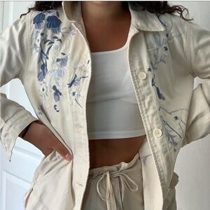 Topshop Cream Utility Jacket with Blue Embroidery